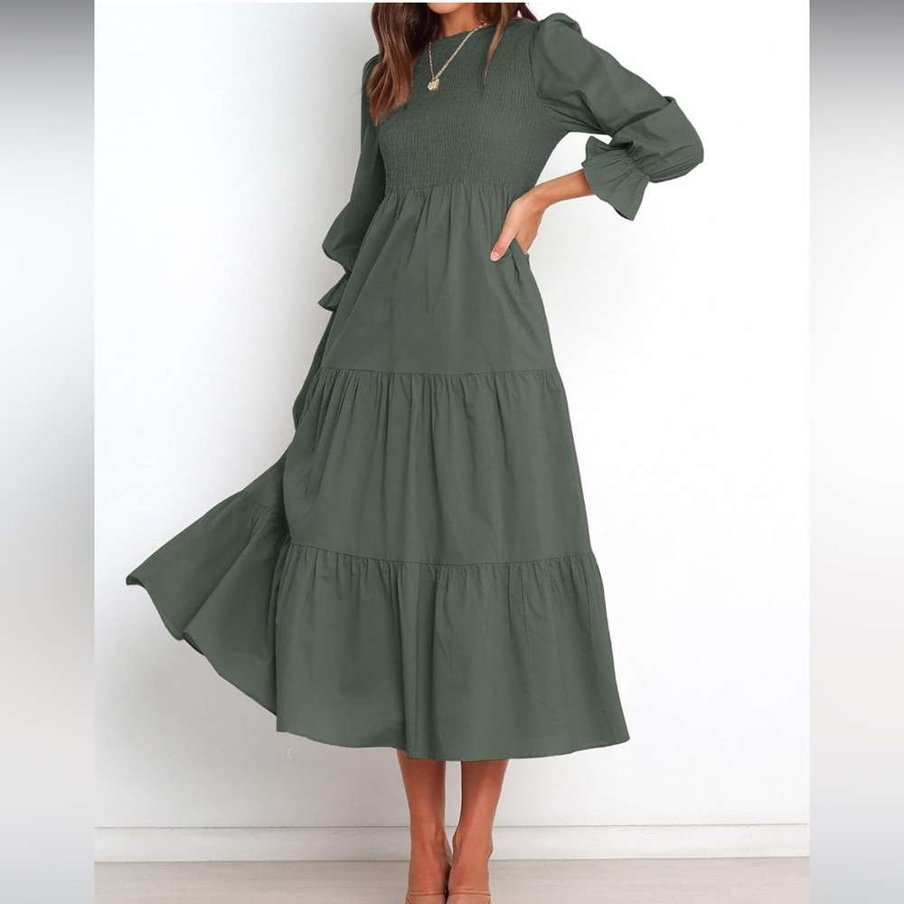 Amazon Green Tiered Ruffled Sundress with Bishop Sleeves